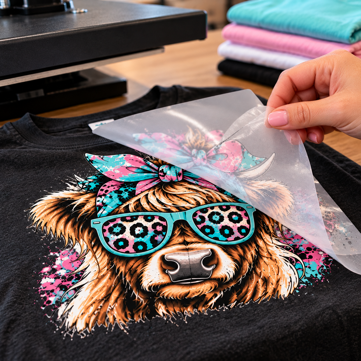 Peeling the clear film away from a freshly pressed DTF transfer on a black t-shirt, the design staying on the fabric