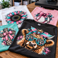 Four t-shirts in white, pink, mint and charcoal, each pressed with a colorful DTF transfer design