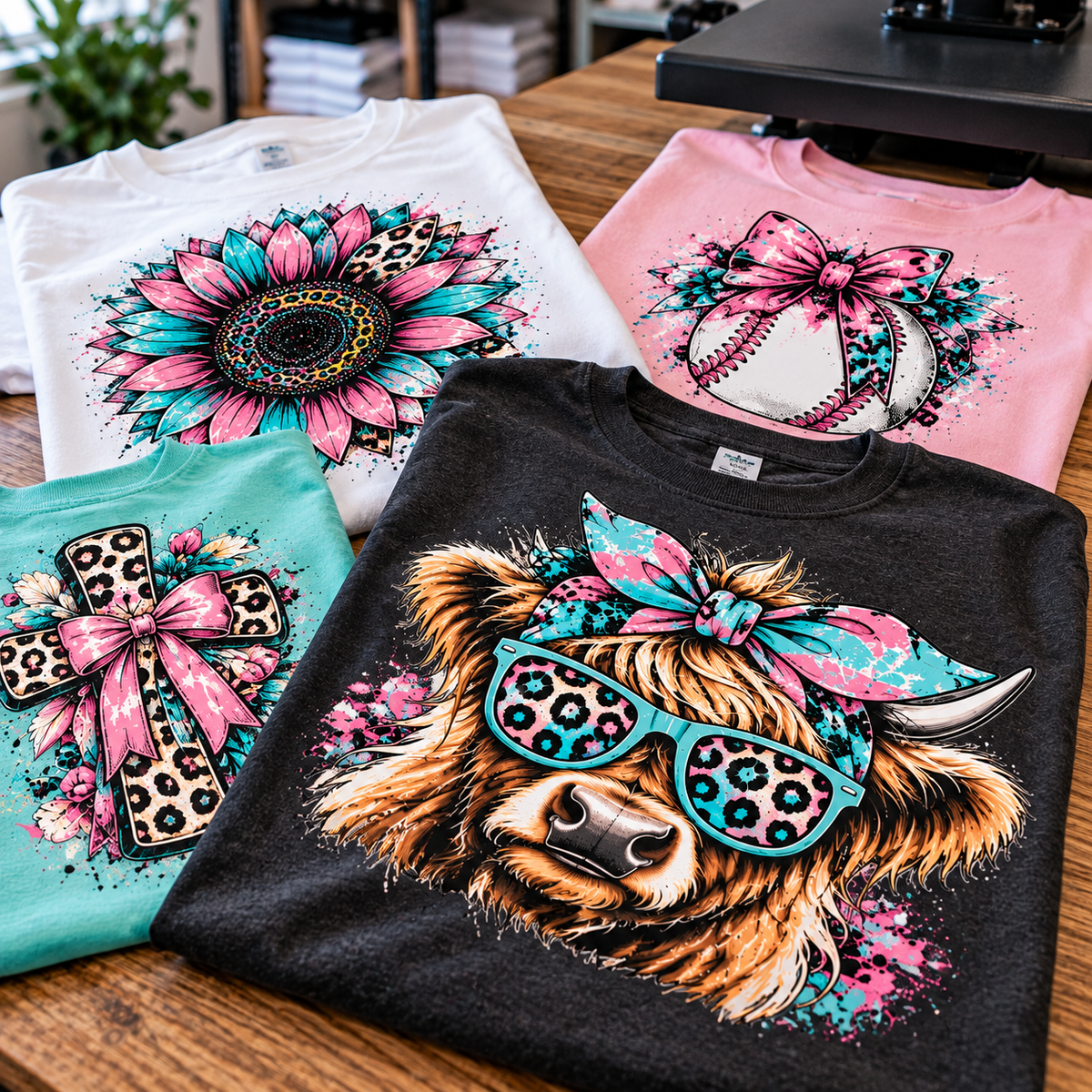 Four t-shirts in white, pink, mint and charcoal, each pressed with a colorful DTF transfer design