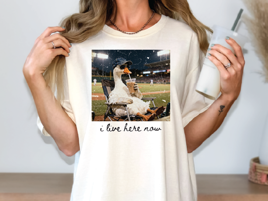 I live Here Now Goose Ballfield Baseball Mama Graphic T-Shirt