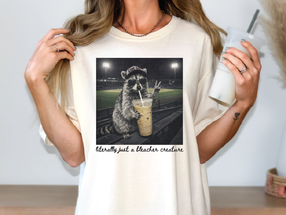 Literally Just A Bleacher Creature Racoon Ballfield Baseball Mama Graphic T-Shirt