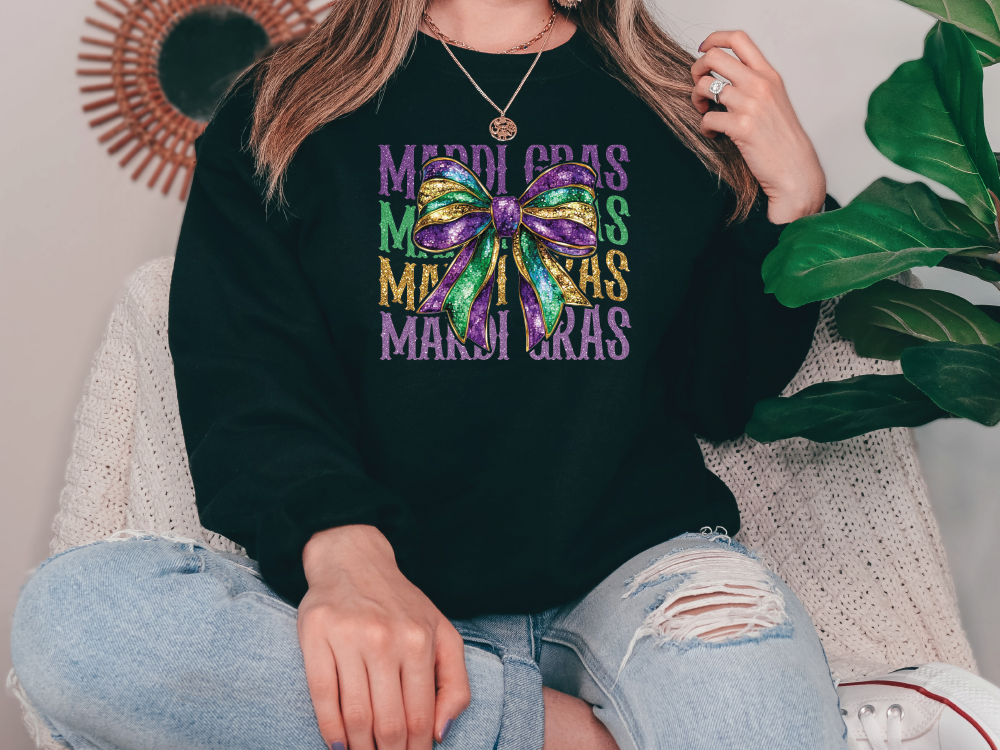 Mardi Gras Stacked Glitter Bow Design Graphic T-Shirt
