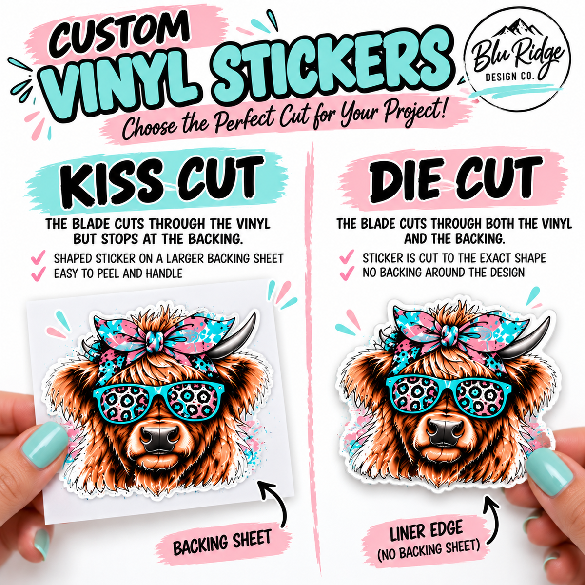 Kiss cut versus die cut vinyl stickers, showing the blade cutting only the vinyl on one and through the backing on the other