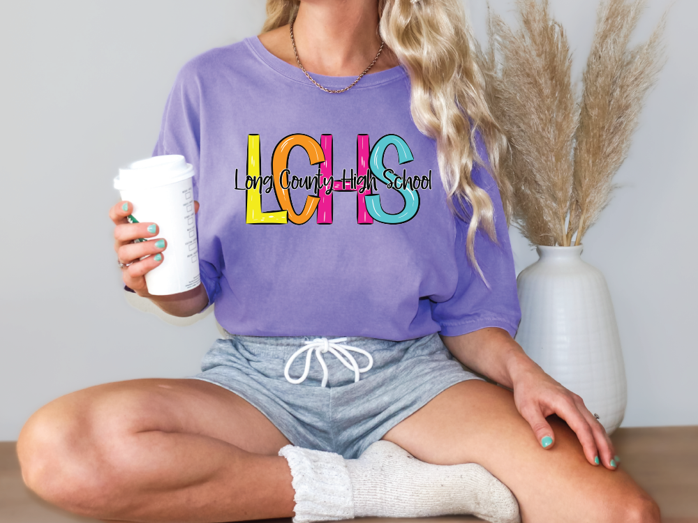 Long County High School LCHS Initials Blue Tide School Spirit Bright Letters Graphic T-Shirt