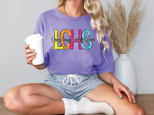 Long County High School LCHS Initials Blue Tide School Spirit Bright Letters Graphic T-Shirt