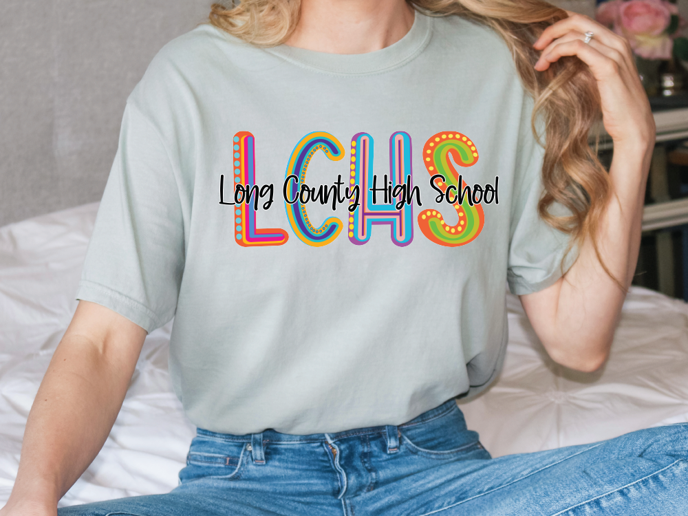 Long County High School LCHS Initials Blue Tide School Spirit Neon Letters Graphic T-Shirt