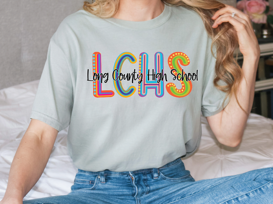 Long County High School LCHS Initials Blue Tide School Spirit Neon Letters Graphic T-Shirt