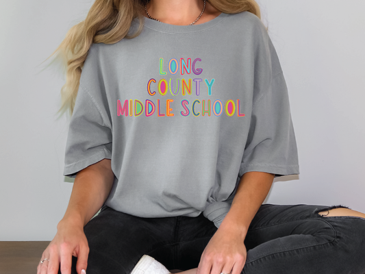Long County Middle School Blue Tide School Spirit Neon Letters Graphic T-Shirt