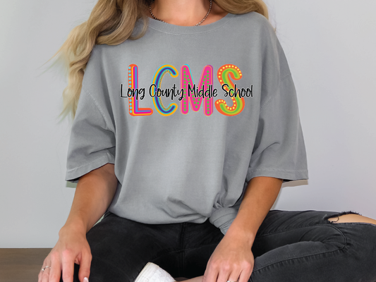 Long County Middle School LCMS Initials Blue Tide School Spirit Neon Letters Graphic T-Shirt