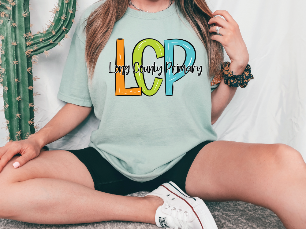 Long County Primary School LCP Initials Blue Tide School Spirit Bright Letters Graphic T-Shirt