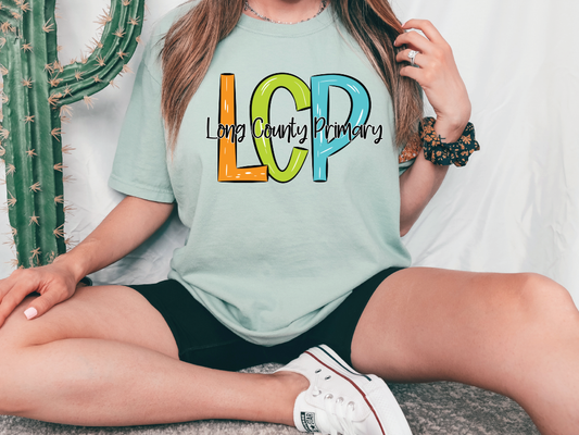 Long County Primary School LCP Initials Blue Tide School Spirit Bright Letters Graphic T-Shirt