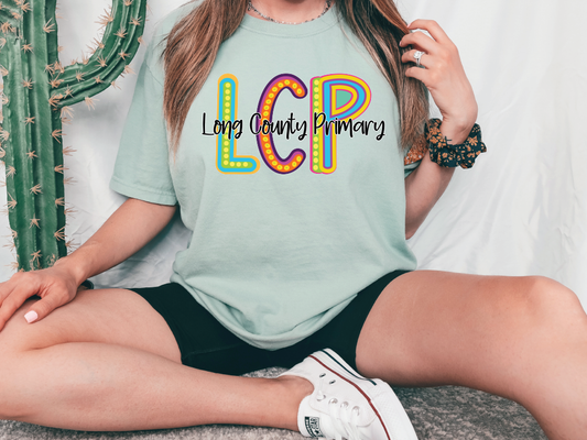 Long County Primary School LCP Initials Blue Tide School Spirit Neon Letters Graphic T-Shirt