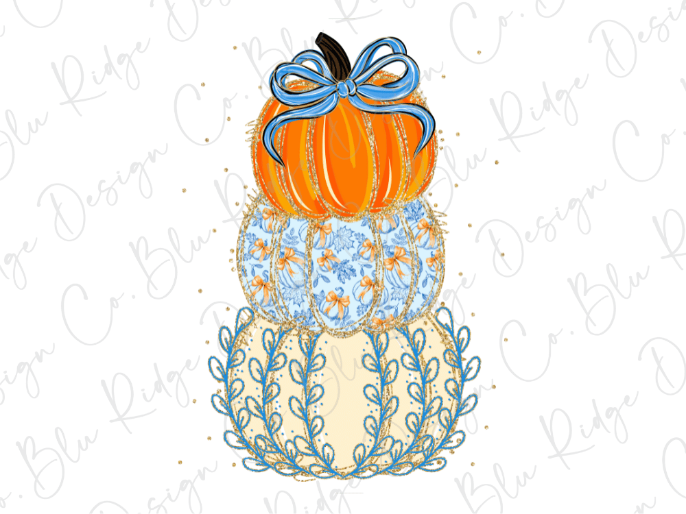 Faux Glitter Blue Floral Pumpkin Stack Graphic T-Shirt