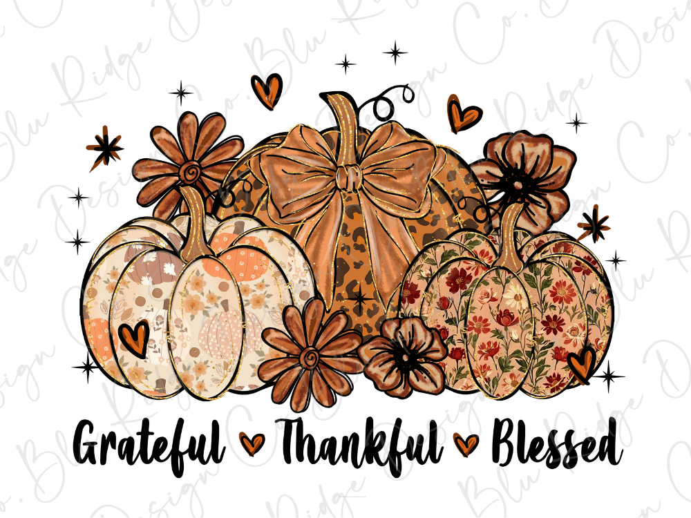 Grateful Thankful Blessed Fall Floral Pumpkin Graphic T-Shirt
