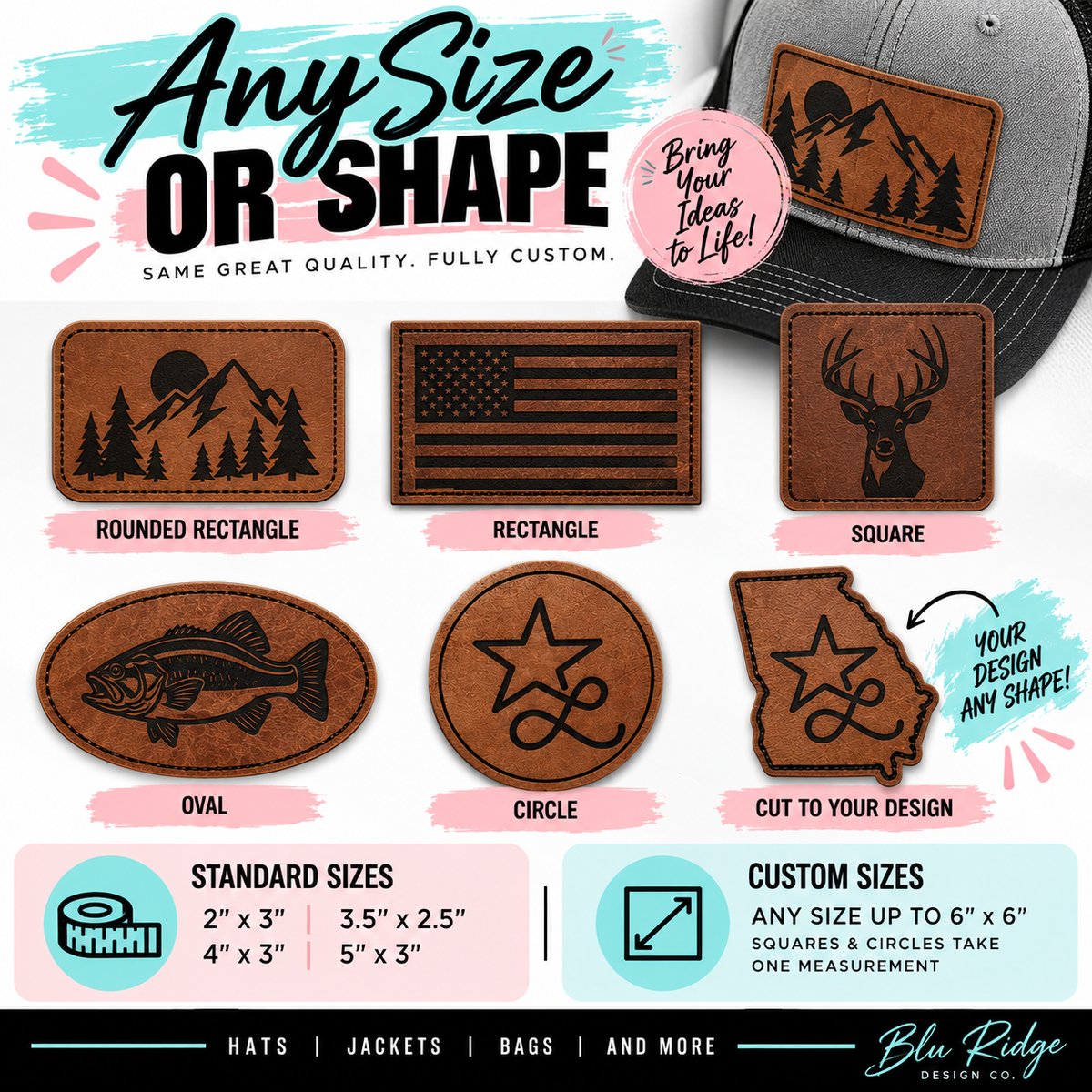 Leather patch shapes and sizes: rounded rectangle, rectangle, square, oval, circle or cut to your design, from 2 by 3 inches up to 6 by 6