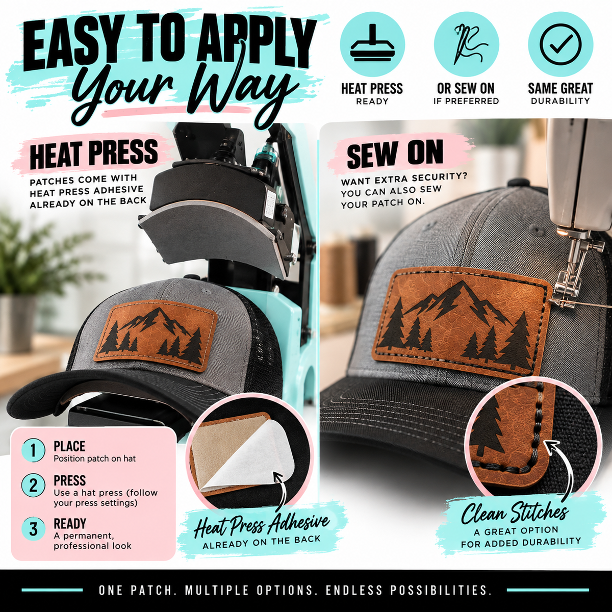 Leather patches come with heat press adhesive already on the back, and can also be sewn on