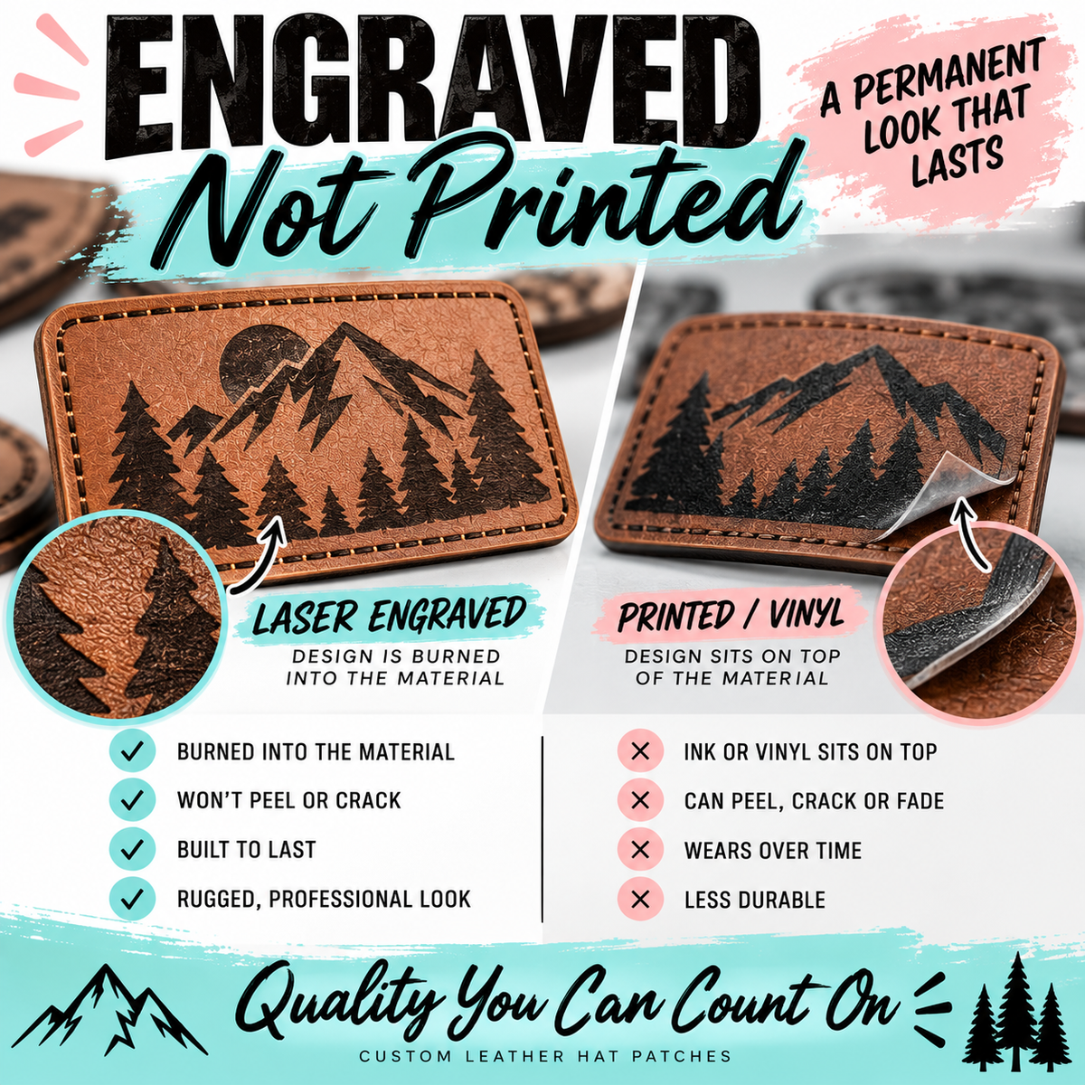 Laser engraved leather patch compared with a printed vinyl one, showing the engraving is burned into the material so it cannot peel or crack