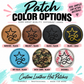 Seven leather patch colors: rawhide, walnut, black, black with gold, sky blue, duck camo and baseball, photographed from real engraved samples