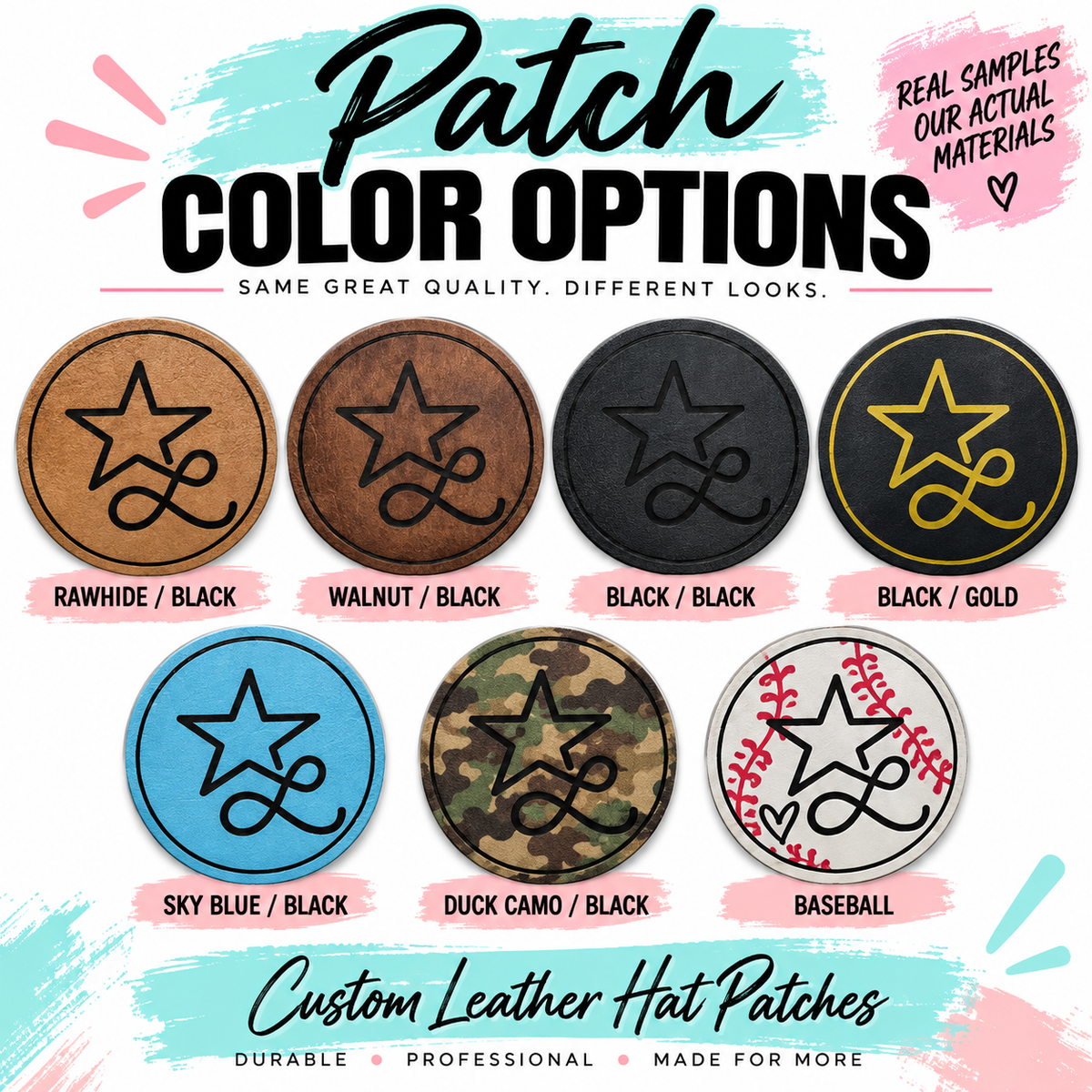 Seven leather patch colors: rawhide, walnut, black, black with gold, sky blue, duck camo and baseball, photographed from real engraved samples