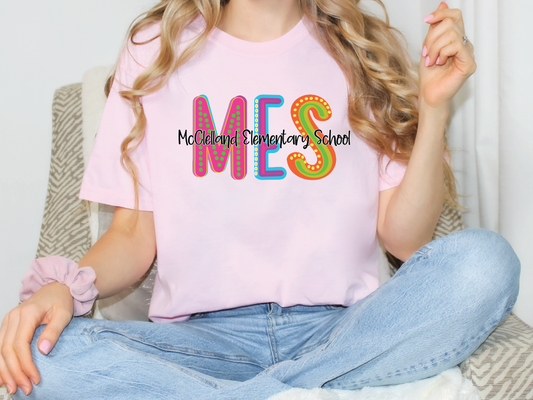 McClelland Elementary School MES Initials Blue Tide School Spirit Neon Letters Graphic T-Shirt