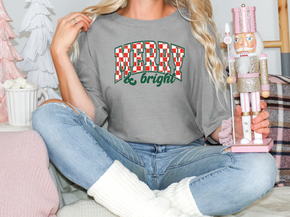 Merry and Bright Checkered Varsity Graphic T-Shirt