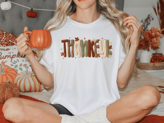 Faux Yarn Leopard Fall Thankful Graphic T-Shirt