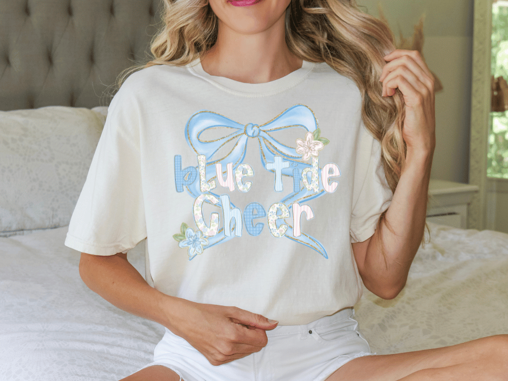 Preppy Coquette Blue Tide Cheer Graphic T-Shirt