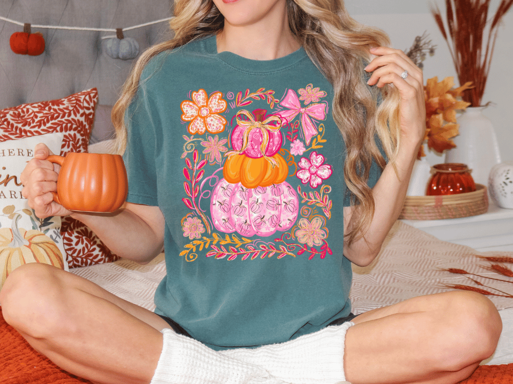 Preppy Floral Coquette Pink Pumpkin Stack Graphic T-Shirt