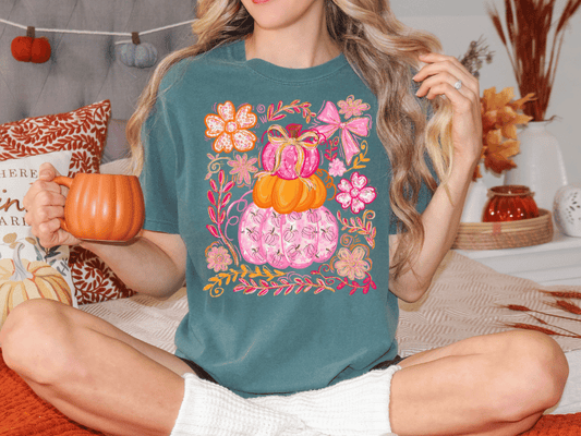 Preppy Floral Coquette Pink Pumpkin Stack Graphic T-Shirt