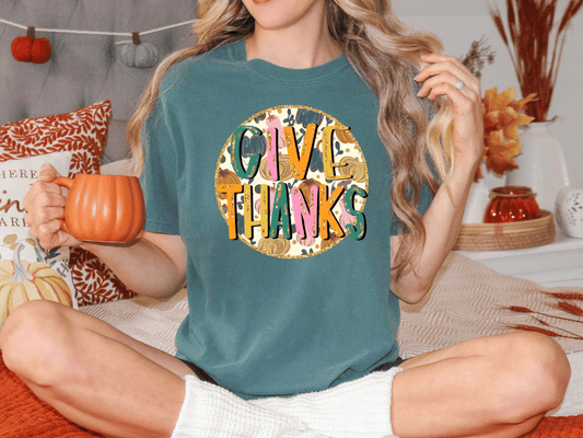 Faux Glitter Fall Floral Give Thanks Graphic T-Shirt