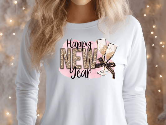 Happy New Years Party Pink and Gold Glitter Champagne Glasses Graphic T-Shirt