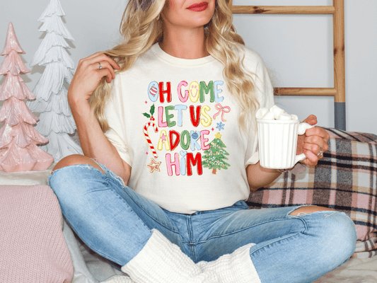 Oh Come Let Us Adore Him Christmas Doodle Graphic T-Shirt