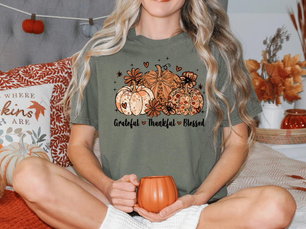 Grateful Thankful Blessed Fall Floral Pumpkin Graphic T-Shirt