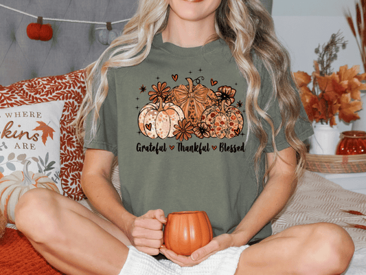 Grateful Thankful Blessed Fall Floral Pumpkin Graphic T-Shirt