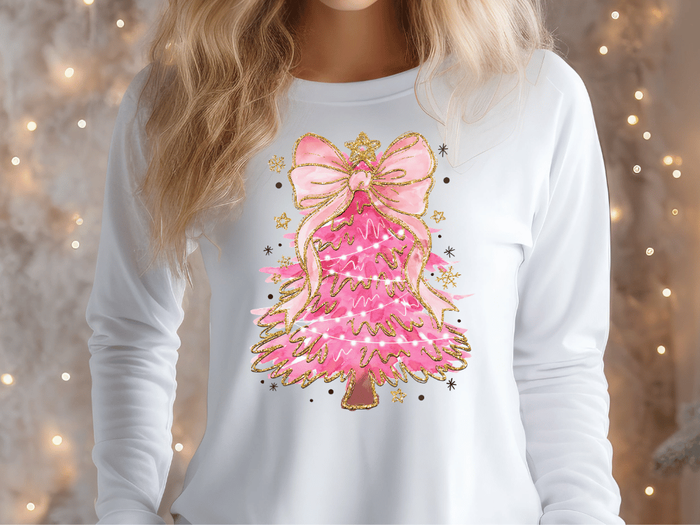 Faux Glitter Coquette Pink Christmas Tree Graphic T-Shirt