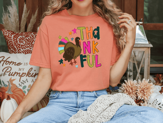 Colorful Thankful Turkey Graphic T-Shirt
