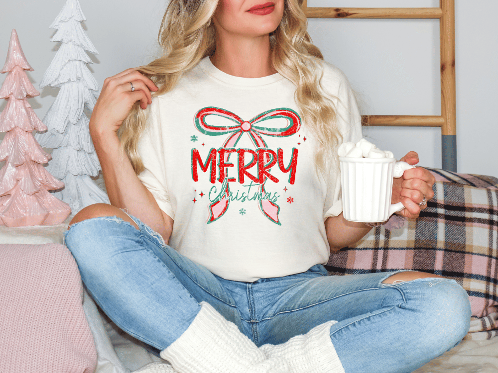 Retro Merry Christmas Bow Graphic T-Shirt