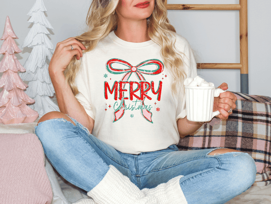 Retro Merry Christmas Bow Graphic T-Shirt