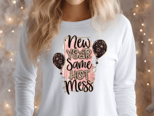 New Year Same Hot Mess Happy New Years Party Balloons Pink Gold Glitter Graphic T-Shirt
