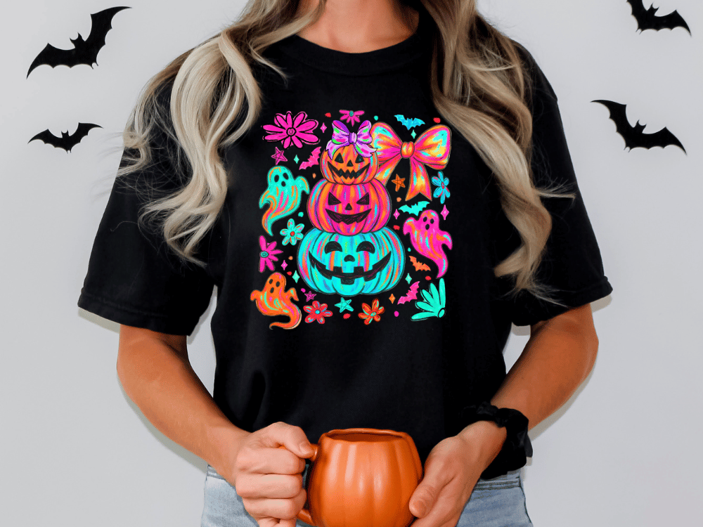 Neon Preppy Pumpkin Stack Graphic T-Shirt