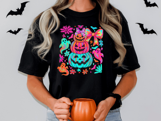 Neon Preppy Pumpkin Stack Graphic T-Shirt