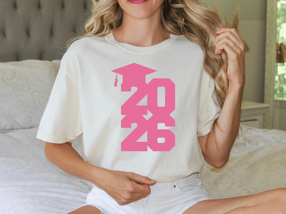 Pink 2026 Stacked Graduation Cap Graphic T-Shirt