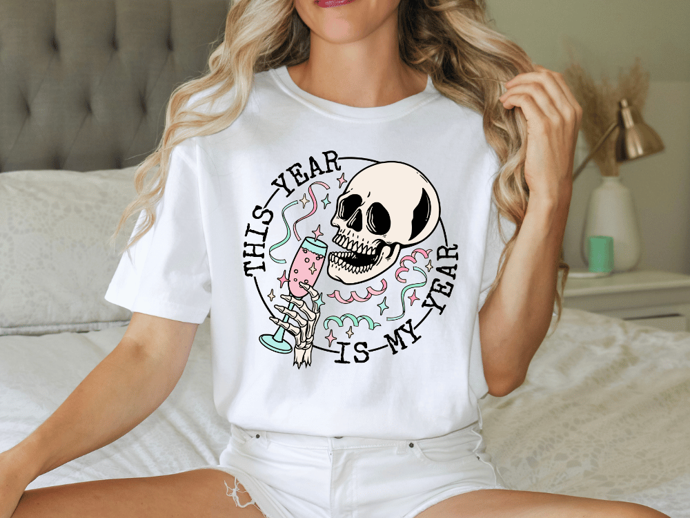 This Year is my Year Party Skeleton Head Champagne Glass Retro Happy New Years Party  Graphic T-Shirt
