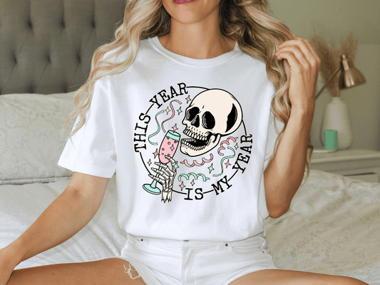 This Year is my Year Party Skeleton Head Champagne Glass Retro Happy New Years Party  Graphic T-Shirt
