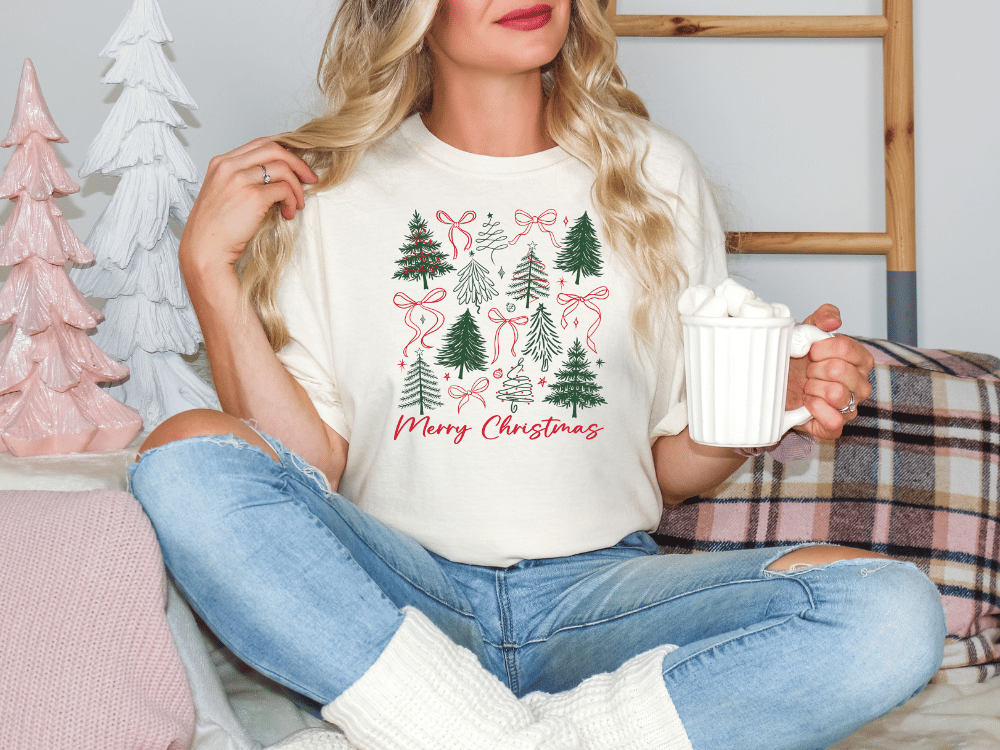 Merry Christmas Coquette Christmas Trees Graphic T-Shirt