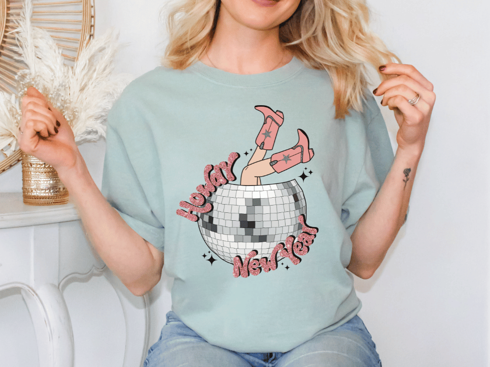 Retro Howdy New Year Disco Ball Cowgirl Graphic T-Shirt