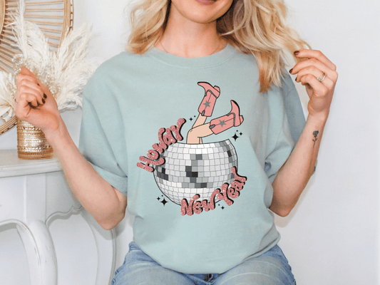 Retro Howdy New Year Disco Ball Cowgirl Graphic T-Shirt