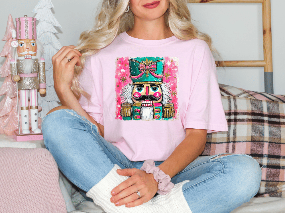 Watercolor Pink And Green Nutcracker Graphic T-Shirt