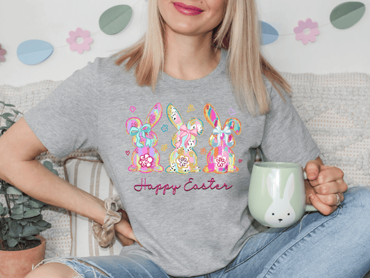 Happy Easter Faux Glitter Watercolor Bunnies Graphic T-Shirt