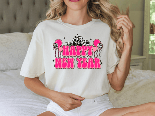 Happy New Years Party Country Cow Print Graphic T-Shirt